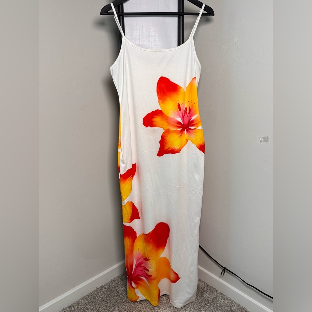 SHEIN White Maxi Dress with Bold Orange and Red Floral Print